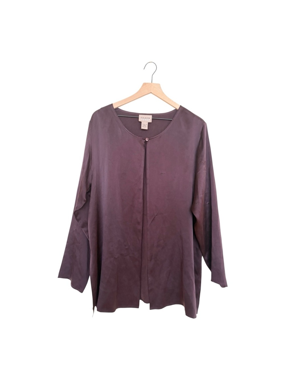 Eileen Fisher Silk Brown One Button Open Front Long Sleeves Cardigan Large